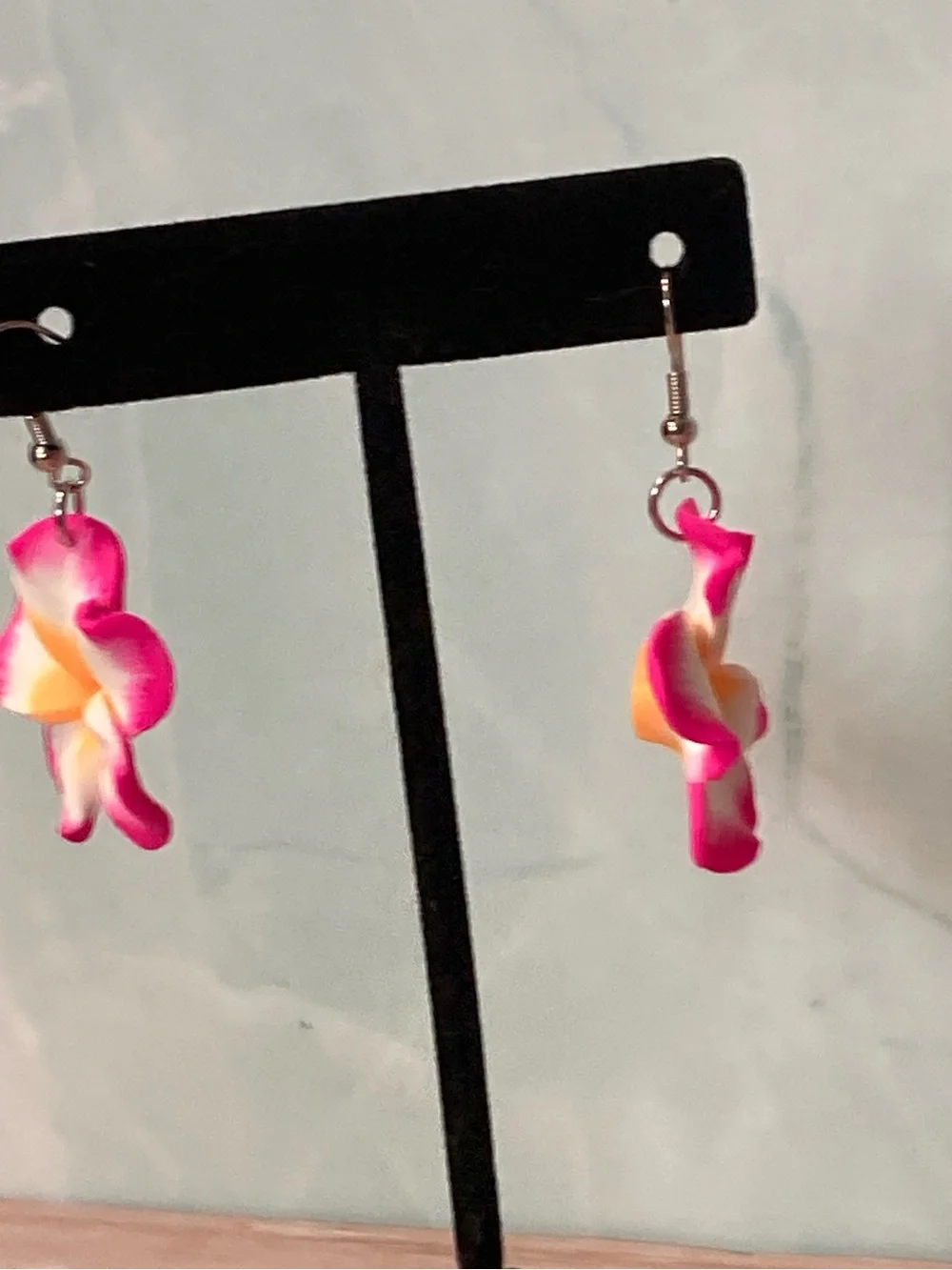 Pink White Yellow Plumeria Flower Drop Earrings